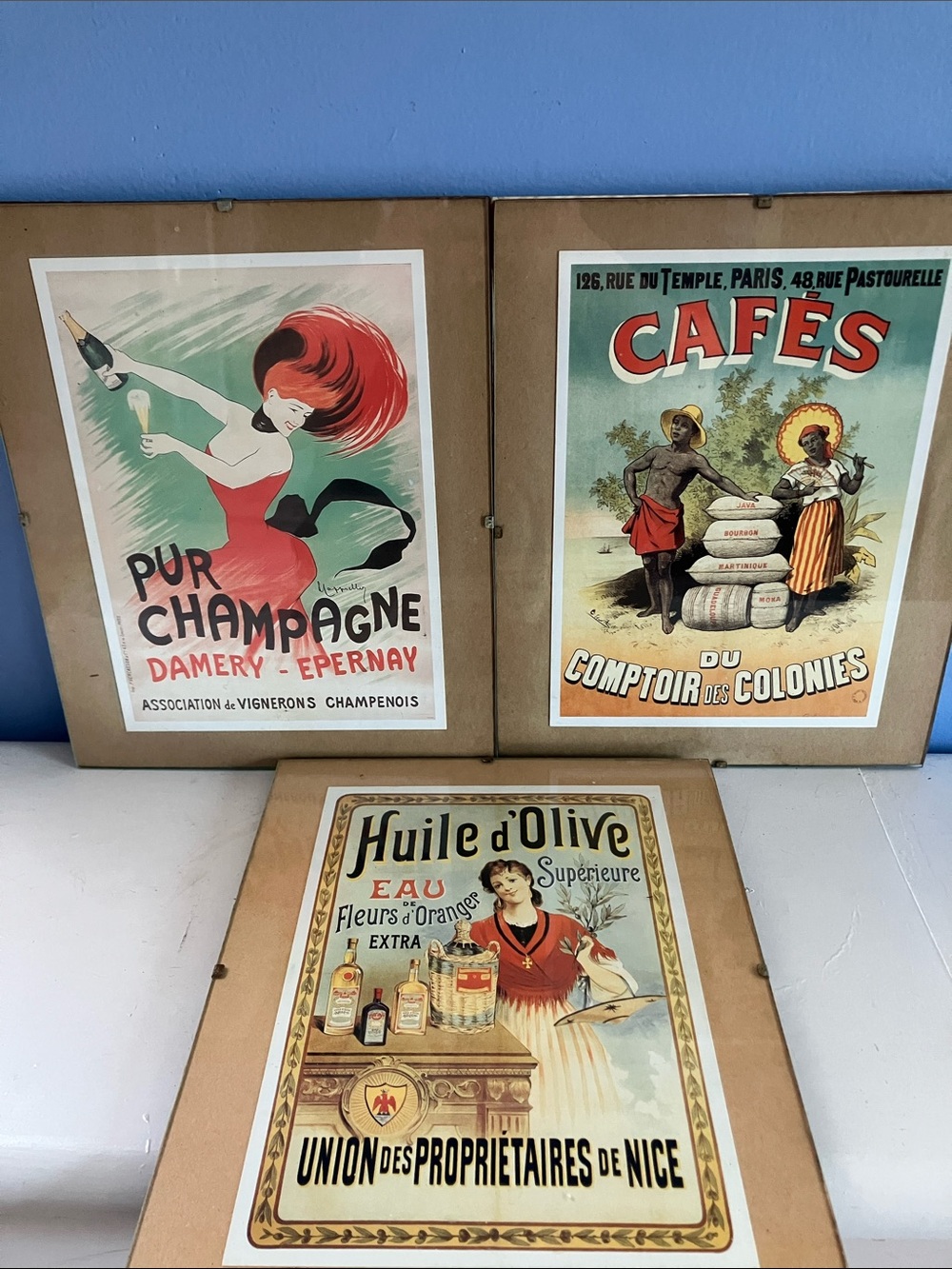 Set of 3 Vintage Framed Retro Style Posters - Pur Champagne, Huile d’Olive, Cafe